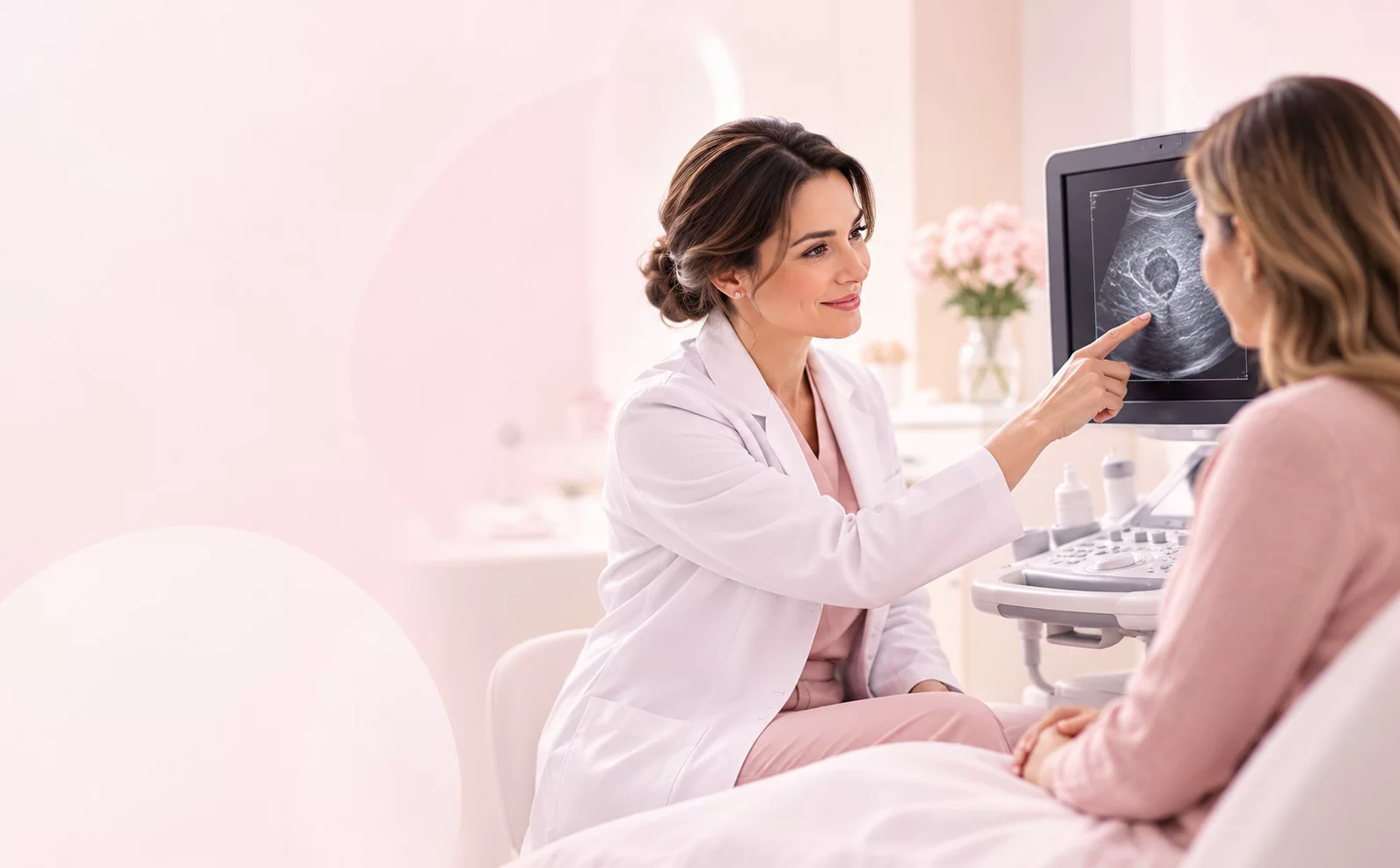 Gutartige Brustknoten: Die Ärztin zeigt der Patientin das Ultraschallbild